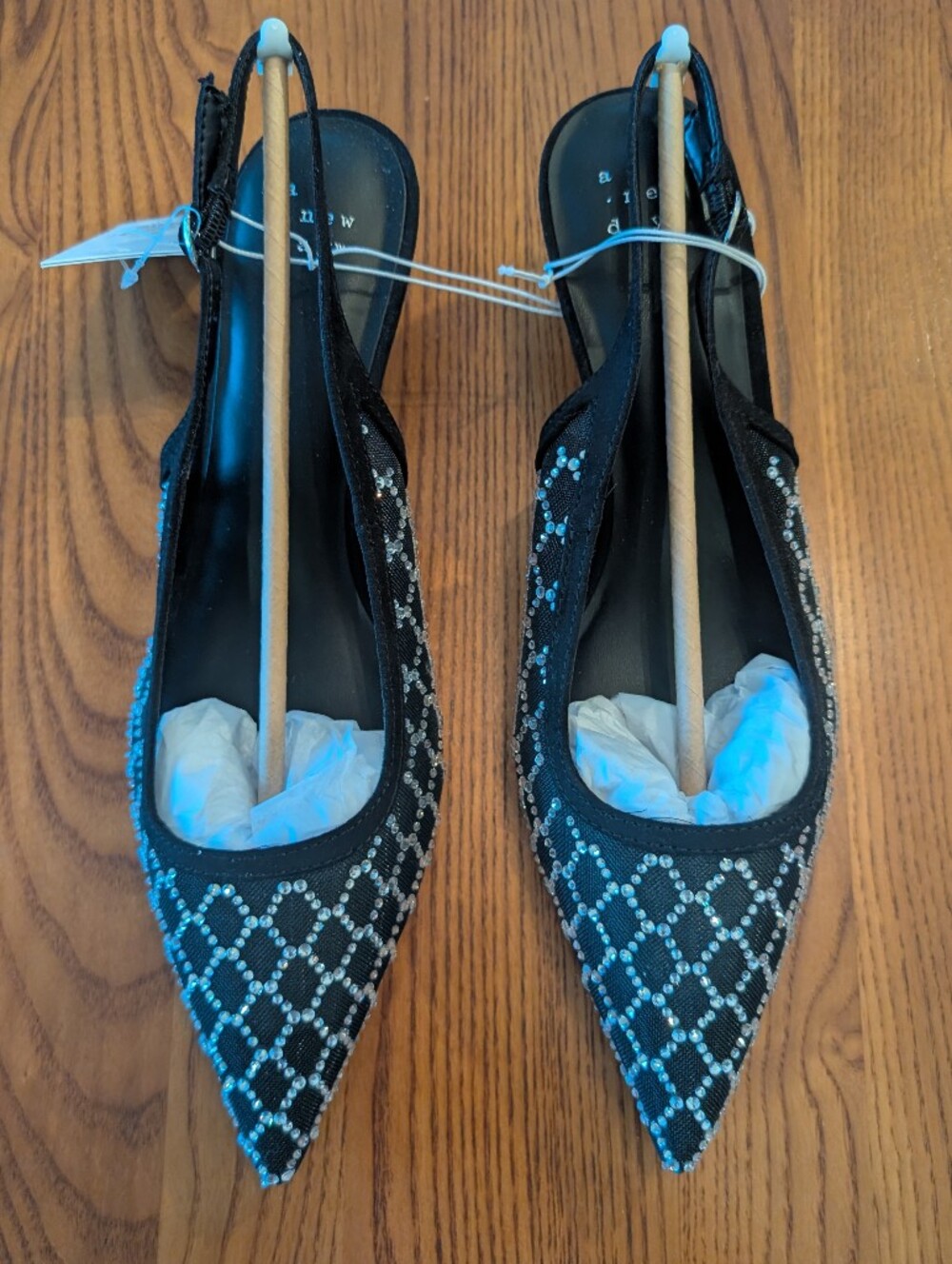 Black Pointed Toe Slingback Kitten Heels with Rhinestone Pattern, Size 9.5 - NEW
